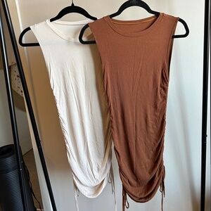 Two Ribbed Ruched Stretchy Adjustable Length Sleeveless Mini Dresses